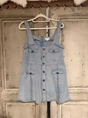 POL Light Blue Denim Button-Front Skirted Overalls